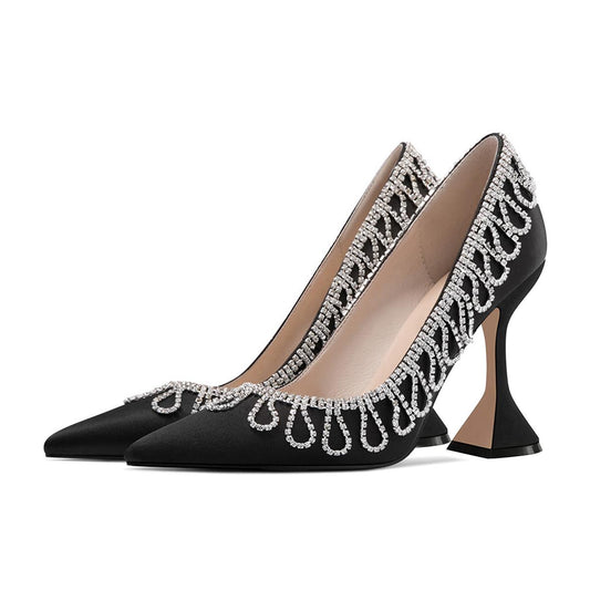 Women's Elegant Pointed Toe Rhinestone Fringe Flared Heel Black Pumps
