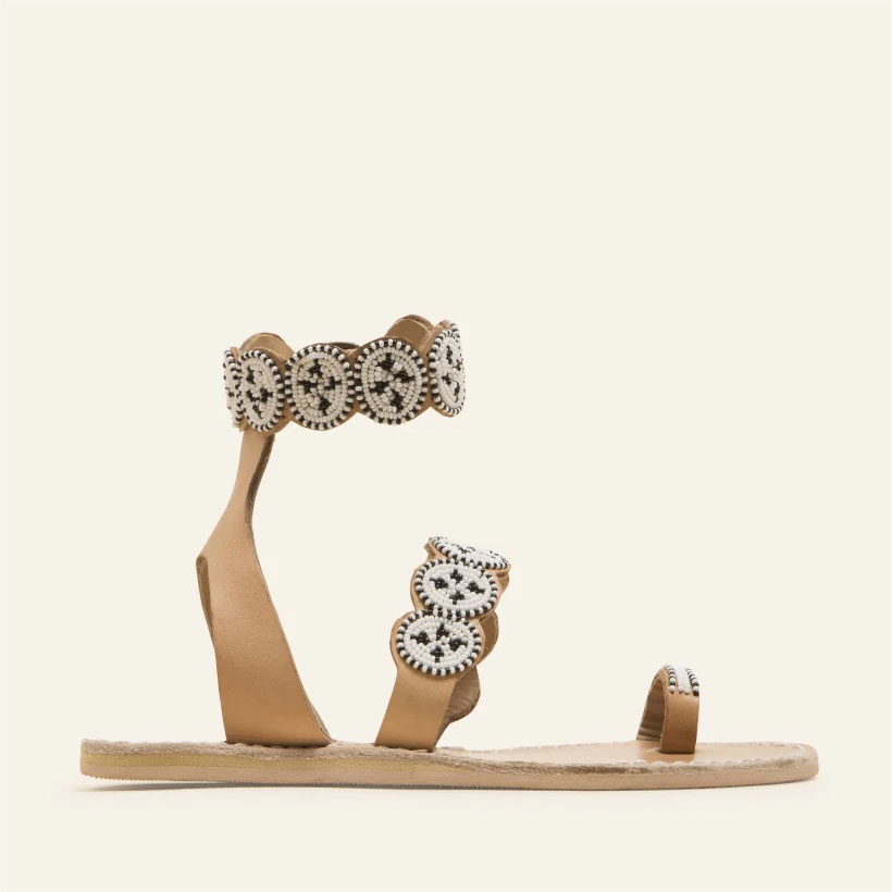 Women's Khaki Flats Beaded Embellished Strap Toe Ring Sandals