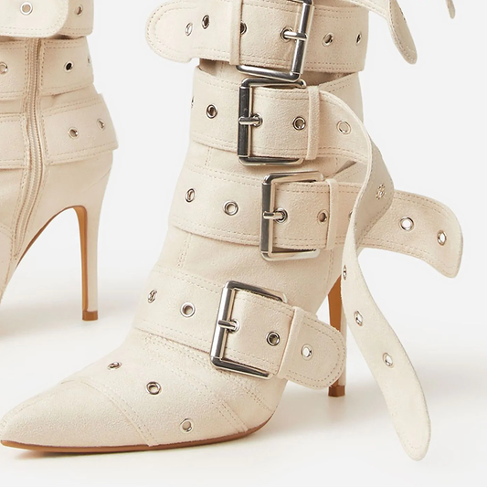 Vintage Beige Pointed Toe Stiletto Heel Strappy Mid-Calf Buckle Boots