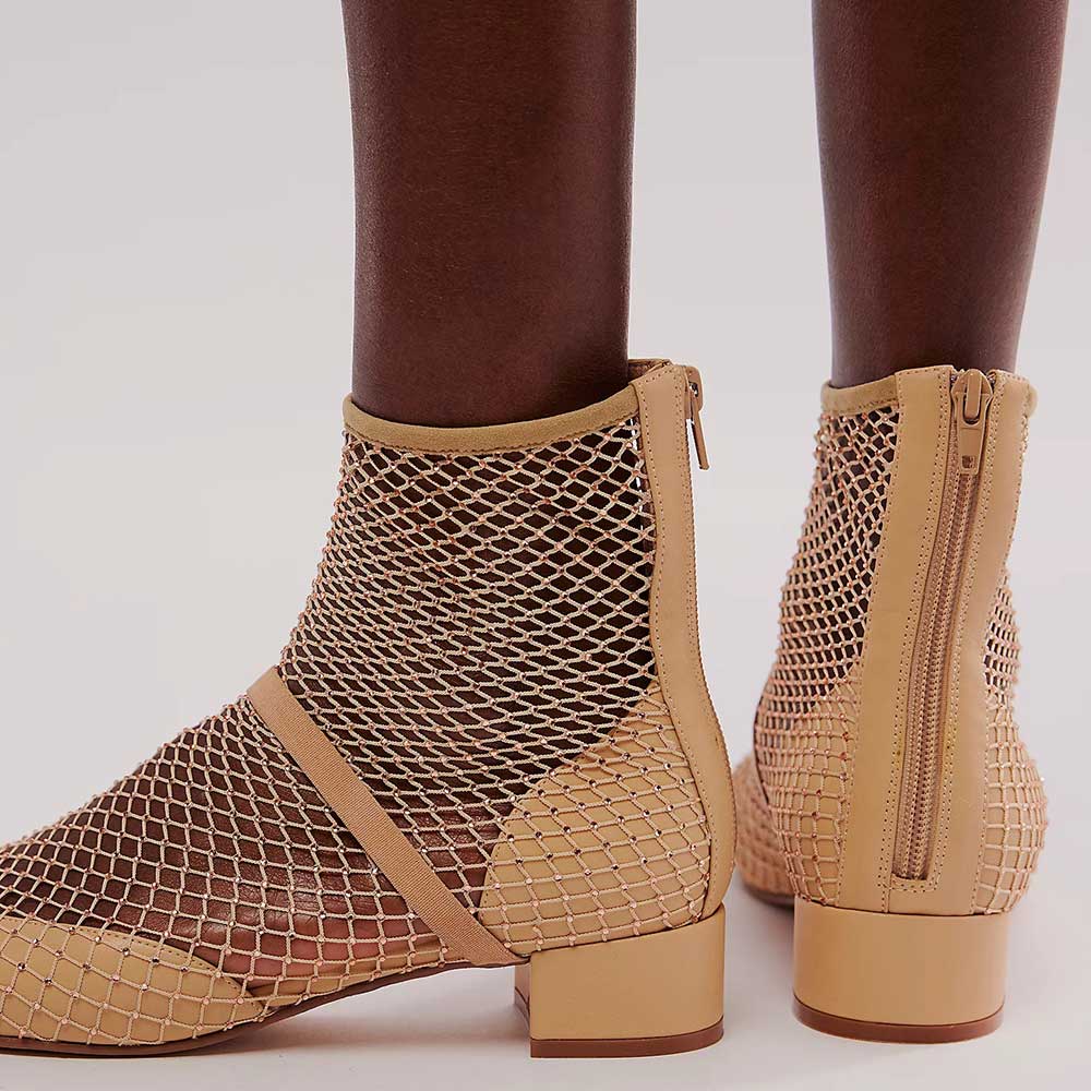 Beige Fishnet Round Toe Block Heel Back-Zip Ankle Boots