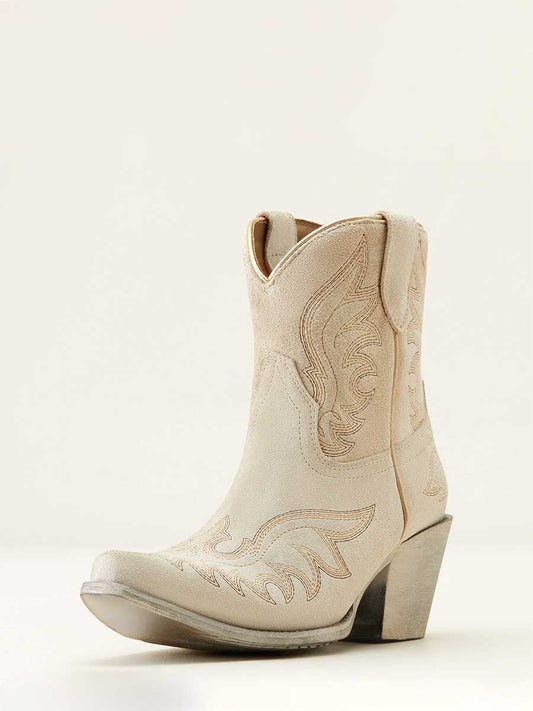 White Faux Suede Snip Toe Embroidered Block Heel Cowgirl Ankle Boots