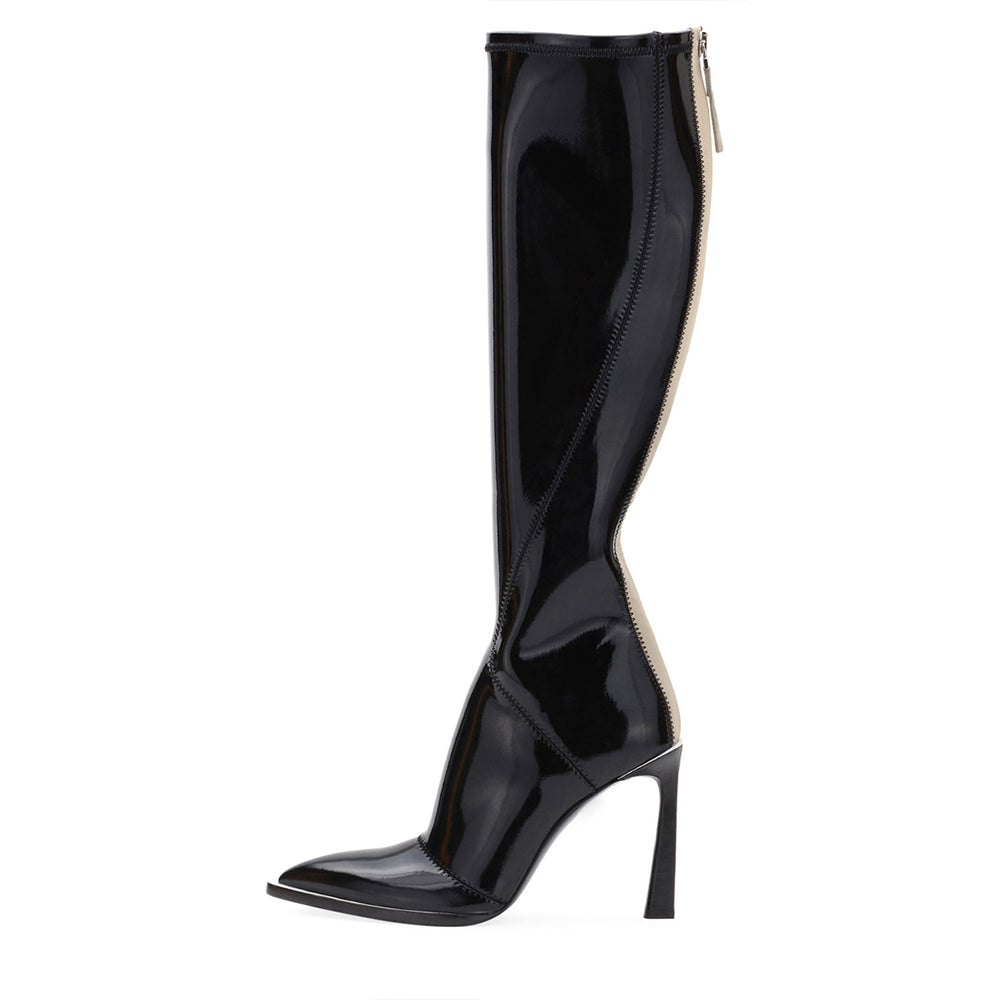Black & Beige Patent Leather Pointed Toe Heeled Knee High Boots
