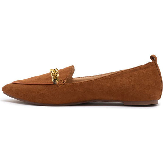 Brown Pointed Toe Flat Loafers with Gold Chain