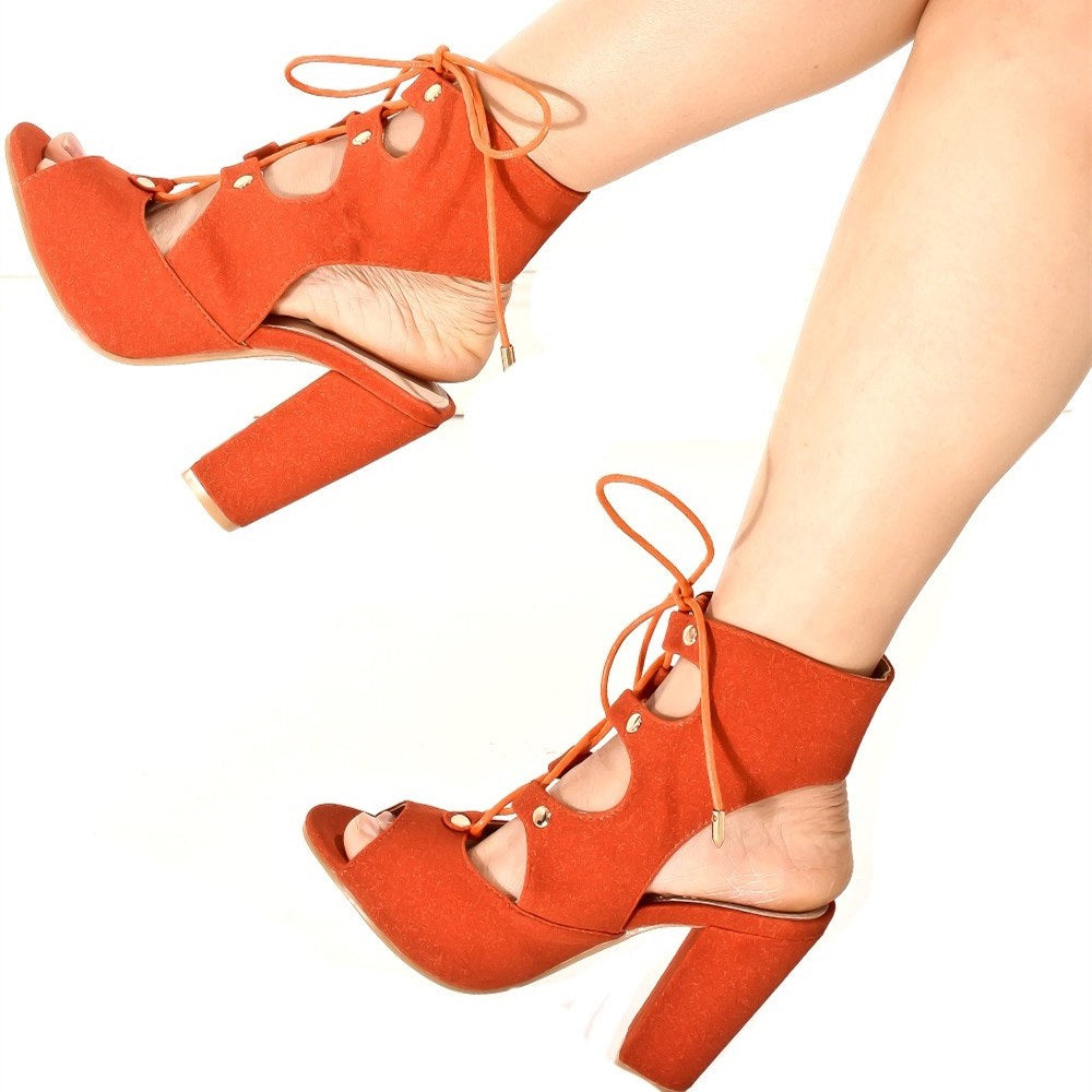Women's Orange Chunky Heel Slingback Lace Up Sandals