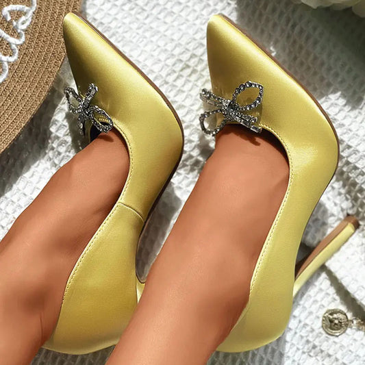Yellow Satin Stiletto Heels Women's Pointed Toe Rhinestone Bow Pumps