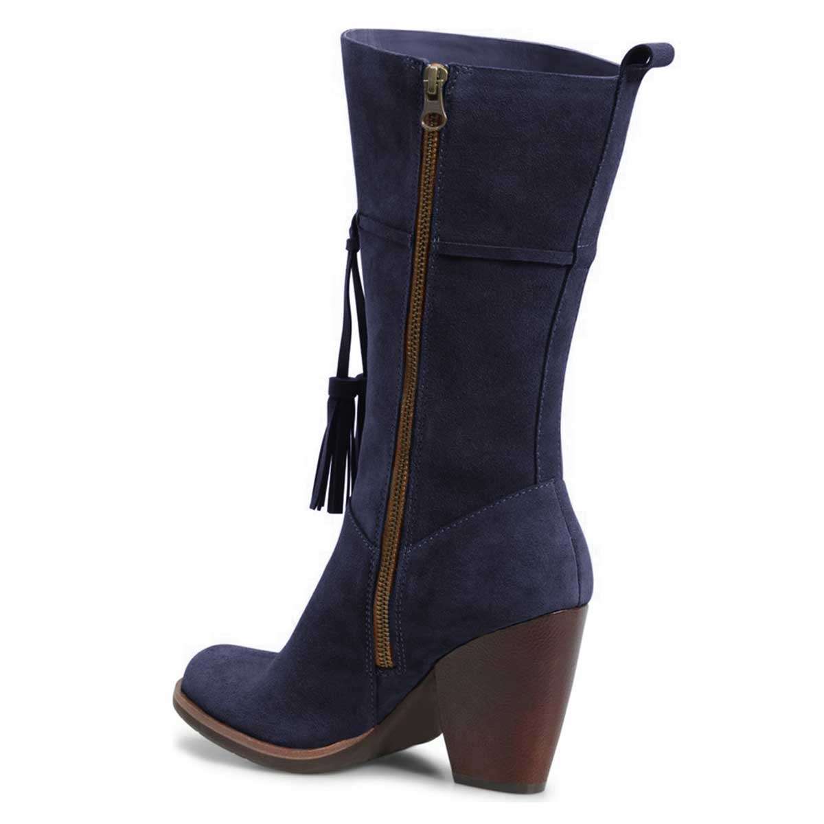 Navy Blue Closed Toe Tasseled Tie Front Chunky Heel Mid Calf Boots