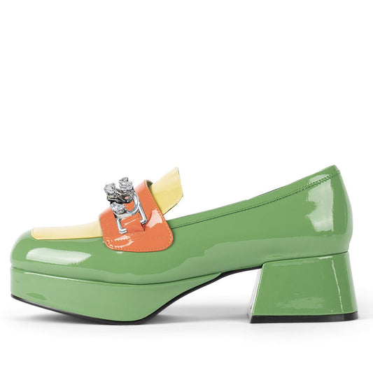Multicolor Patent Leather Round Toe Block Heel Loafers with Chain