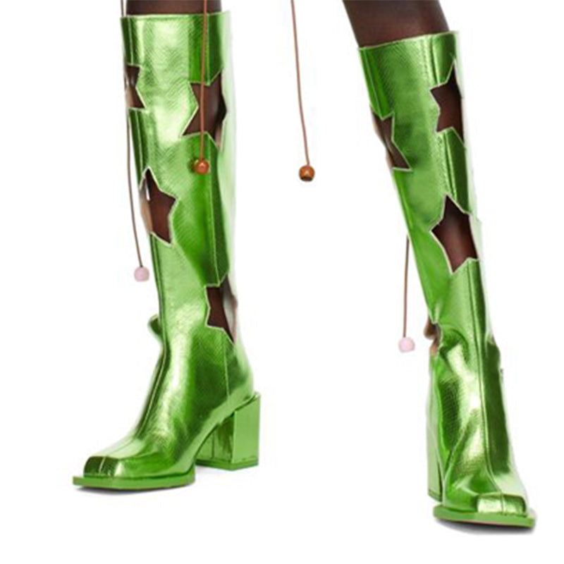 Green Square Toe Hollow Out Star Knee High Boots with Chunky Heels