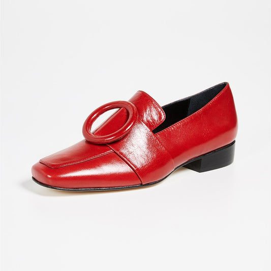 Red Ring Detail Square Toe Low Heel Loafers for Women