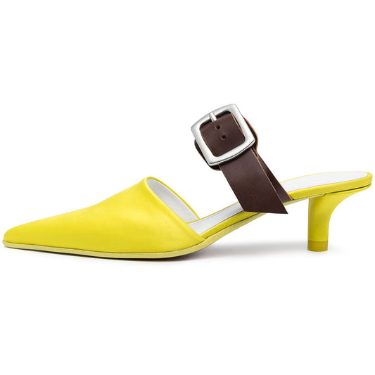 Yellow Slip-On Buckle Strap Kitten Heel Mule Shoes for Women