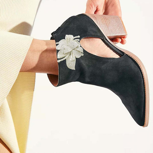 Black Pointed Toe Rhinestone Floral Chunky Heel Cut Out Ankle Boots