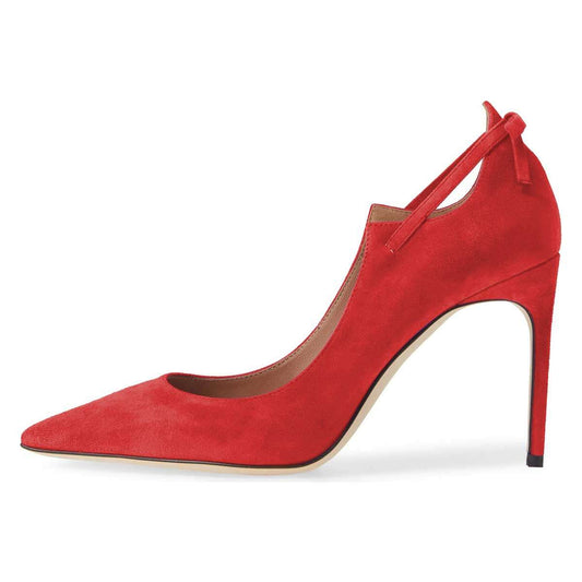 Women's Pointed Toe Curve Detail Vegan Suede Pumps Heels in Red