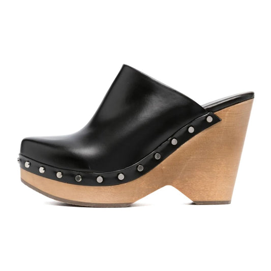 Women's Black Round Toe Slip On Studded Wedge High Heel Mules