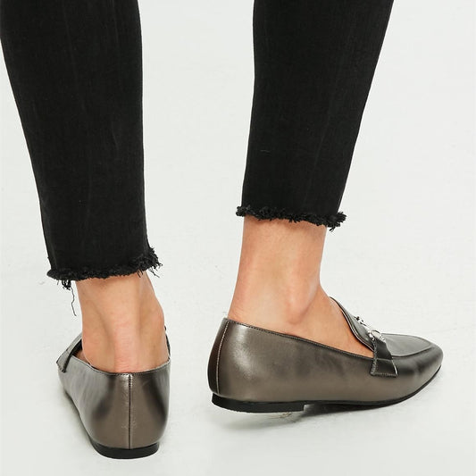 Dark Grey Square Toe Office Flats Comfortable Horsebit Loafers