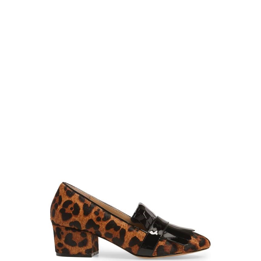 Brown Leopard Print Block Heel Women's Loafers with Fringe