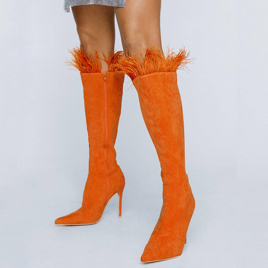 Orange Pointed Toe Stiletto Heel Side Zip Feather Knee High Boots