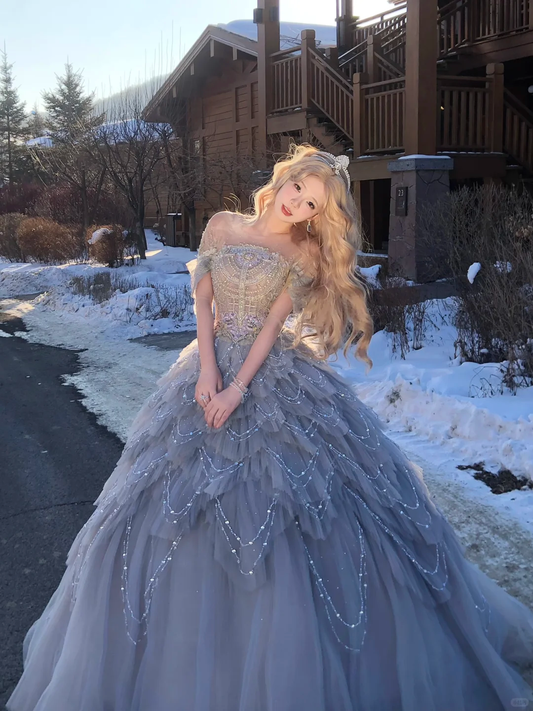 Gorgeous Glittering Sequined Beaded Off-the-shoulder Tulle Sweet 16 Quinceanera A-Line Evening Dress Ball Gown TP4299