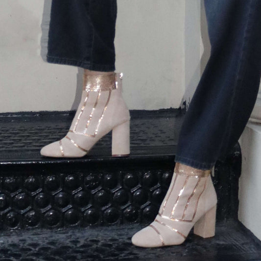 Beige Vegan Suede Block Heel Studded Fashion Ankle Boots with Zip