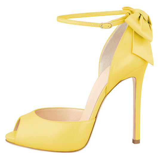 Yellow Peep Toe Bow Inlay Ankle Strappy Pumps with Stiletto Heel