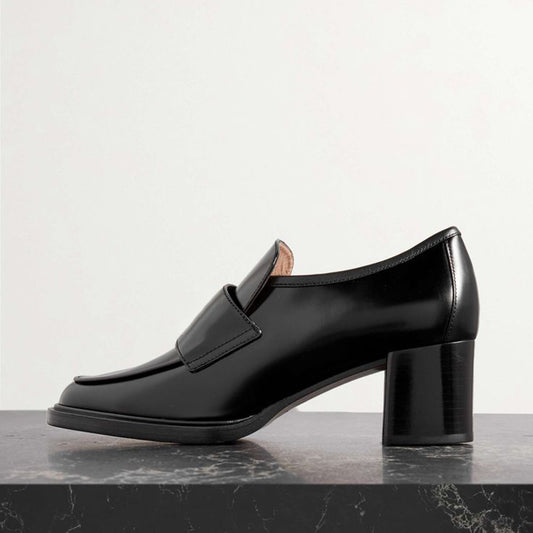 Black Heeled Loafers Slip-on Business Casual Shoes for Women