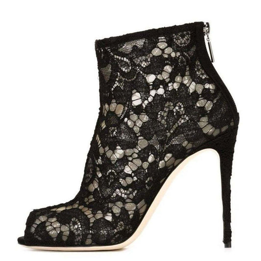 Black Floral Lace Peep Toe Booties Elegant Stiletto Heel Ankle Boots