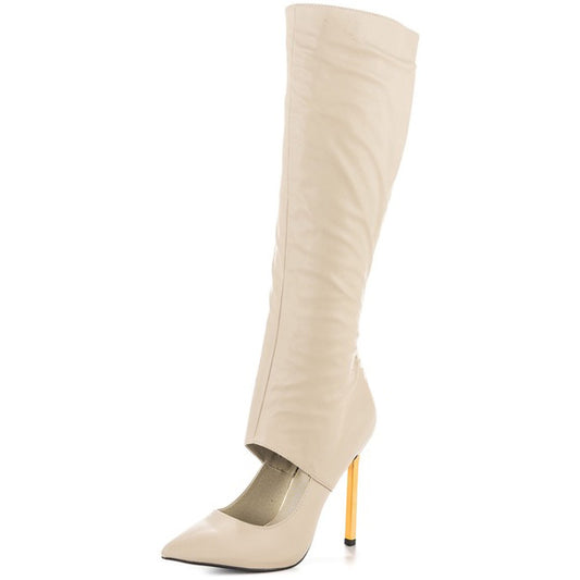 Women's Fashion Cut Out Pointed Toe Chains Knee High Boots in Beige
