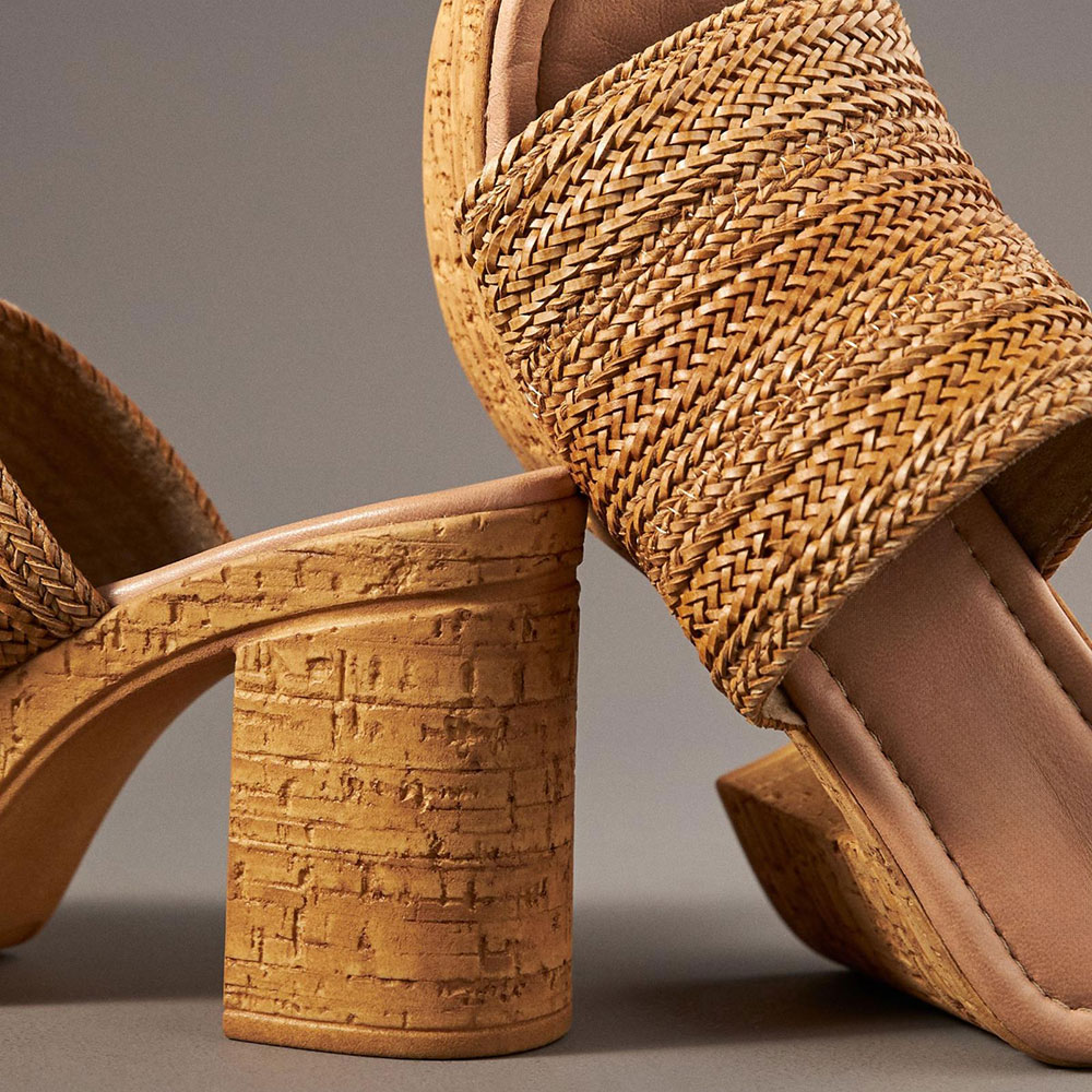 Tan Open Toe Block Heel Woven Slip-On Platform Women's Mules Shoes