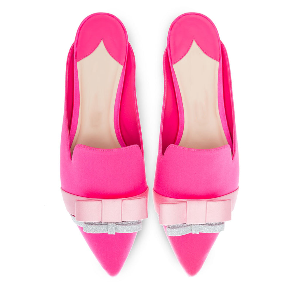Hot Pink Satin Pointed Toe Glitter Bow Flat Mule Loafers for Women