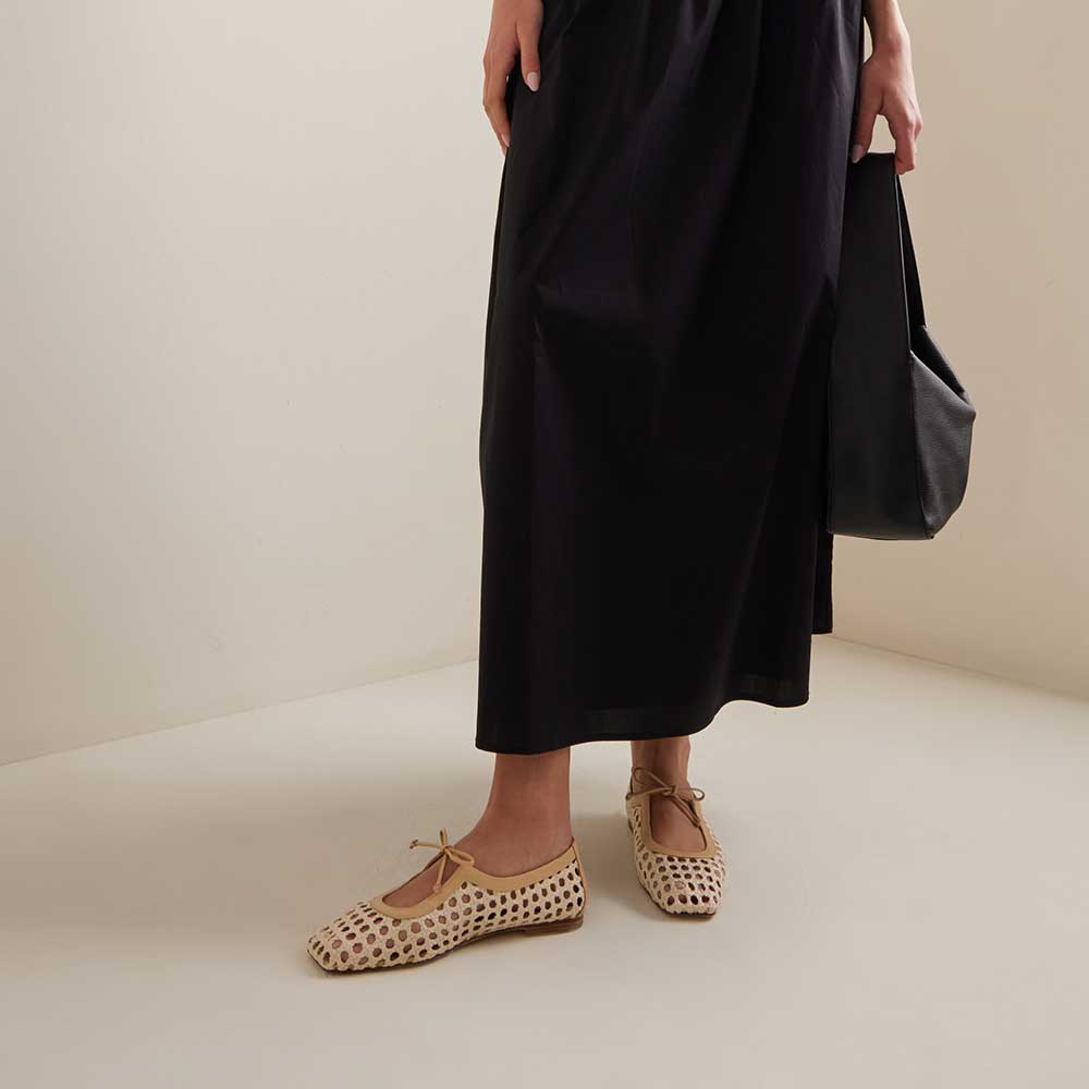 Elegant Beige Raffia Square Toe Slip-On Ballet Flats with Strappy