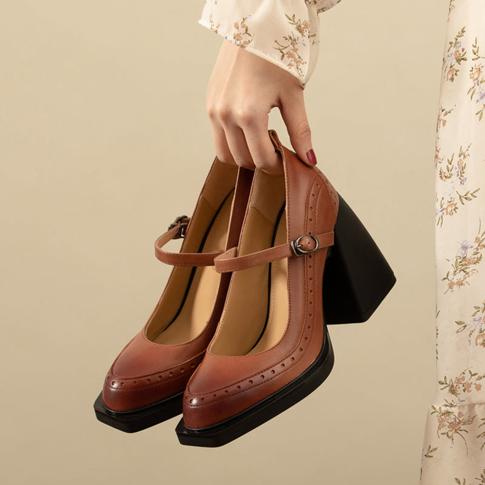 Brown Vegan Leather Closed Toe 4'' Chunky Heel Platform Loafers