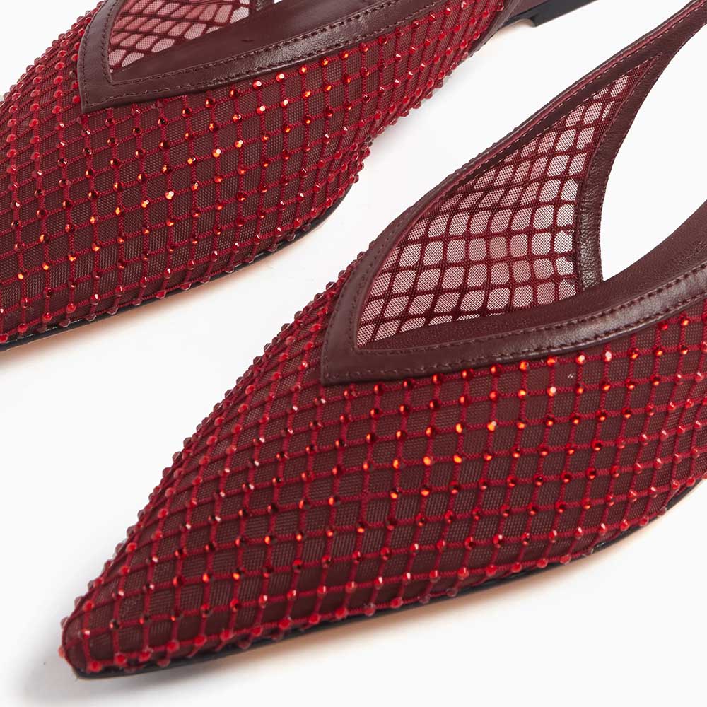 Maroon & Red Pointed Toe Rhinestone Mesh Flats with Slingback Strap