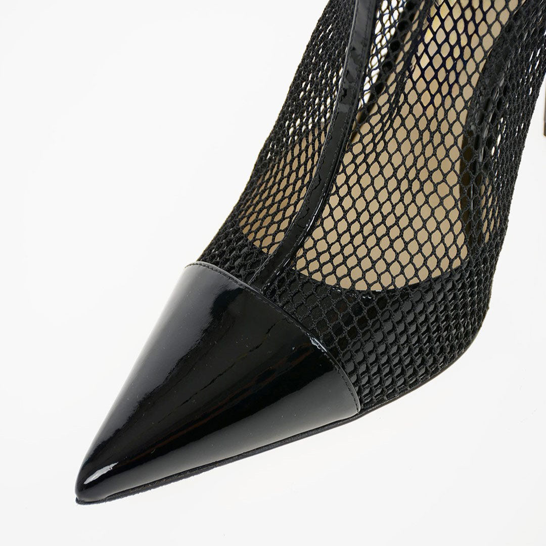 Black Net & Patent Leather Ankle Boots Pointy Toe Flared Heel Booties