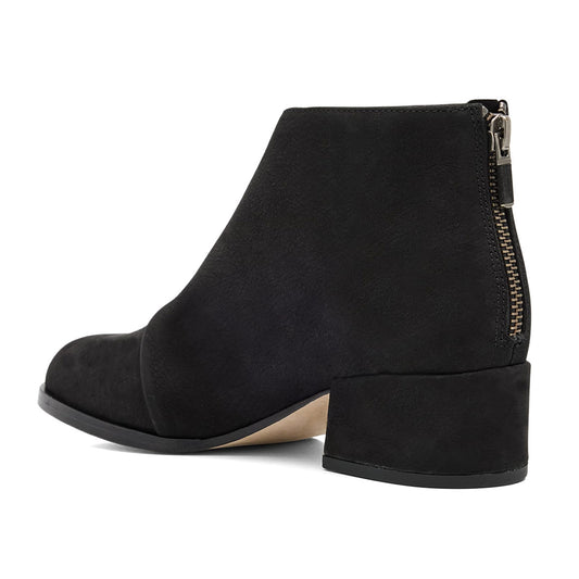 Black Round Toe Chunky Heel Ankle Boots for Women with Zipper