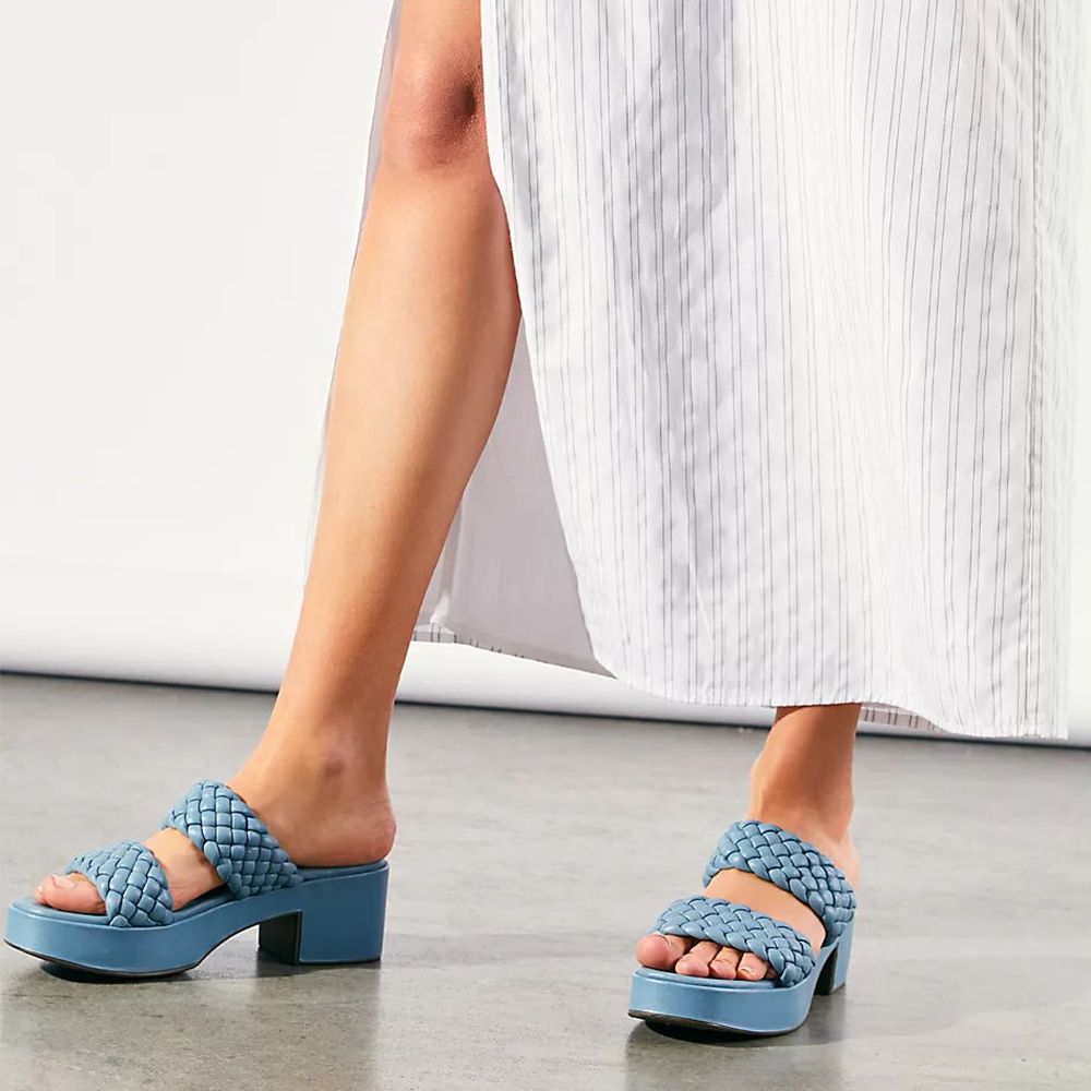 Women's Blue Braided Double Strap Chunky Heel Platform Mules