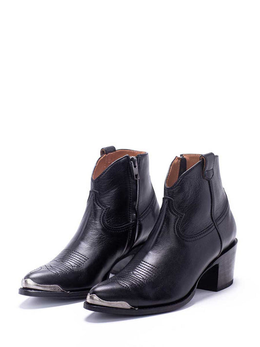 Black Vegan Leather Pointed Toe Side-Zipped Block Heeled Cowgirl Ankle Boots