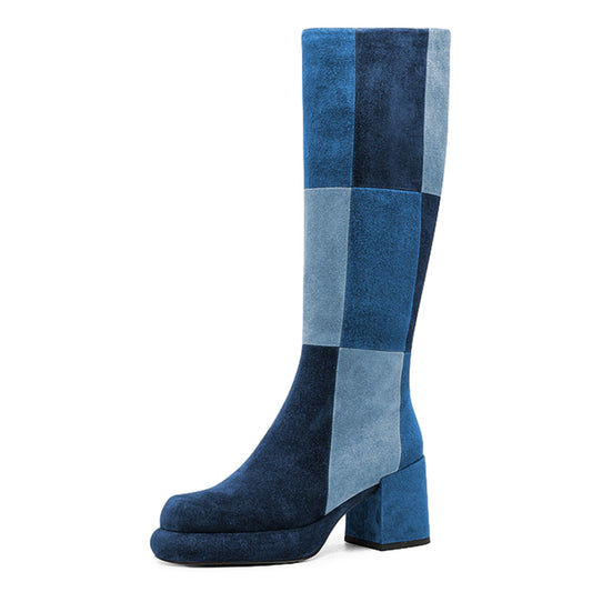 Blue Color Block Round Toe Chunky Heel Platform Zip Knee High Boots