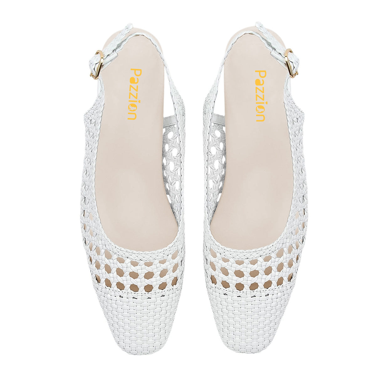 White Woven Cut Out Square Toe Block Heel Buckled Slingback Shoes