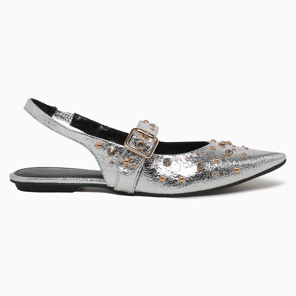 Pointed Toe Studded Buckled Strap Flats Slingback Shoes in Silver