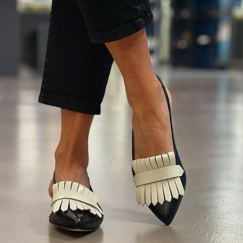 Black Pointed Toe White Fringe Embellished Slingback Flats