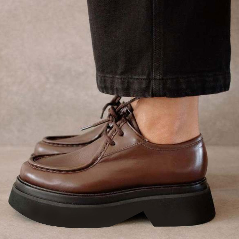 Brown Round Toe Lug Sole Lace-up Platform Loafers for Women