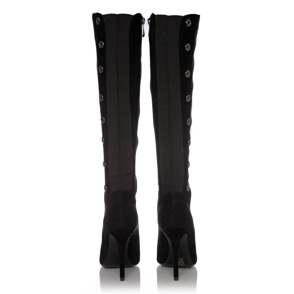Black Vegan Suede Metal Button Knee High Boots
