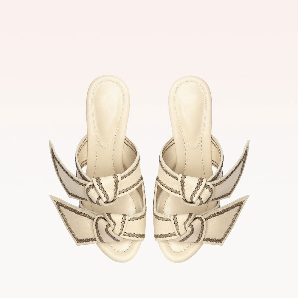 Beige Open Toe Stitching Chunky Heel Platform Mules with Double Bow