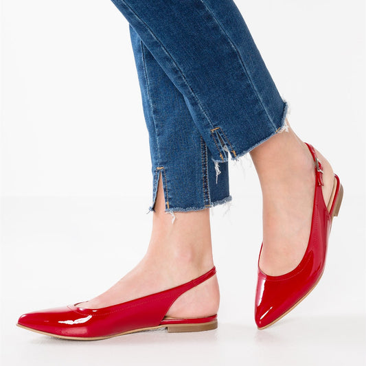 Red Patent Leather Slingback Shoes Pointy Toe Comfortable Flats