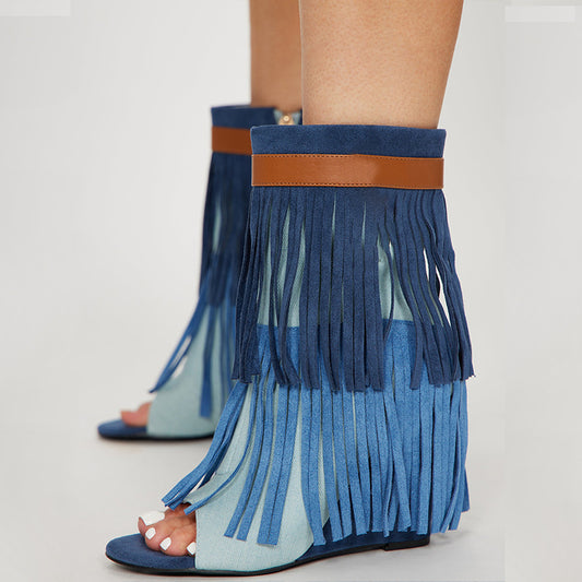 Blue Vegan Suede Peep Toe Fringe Zipper Wedge Ankle Boots