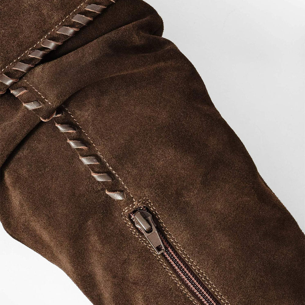 Brown Pointed Toe Whipstitch Chunky Heel Fold Over Mid Calf Boots