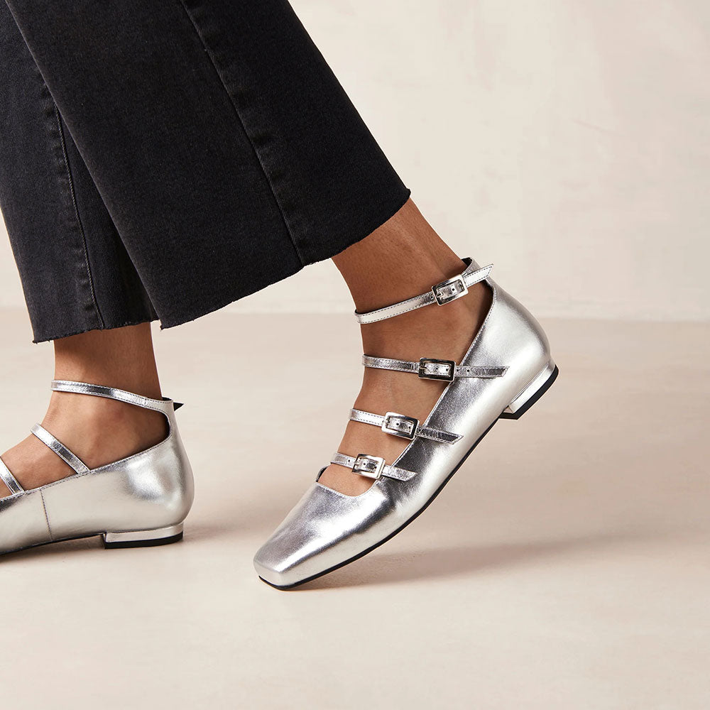 Shiny Silver Square Toe Strappy Flats Buckled Mary Jane Shoes