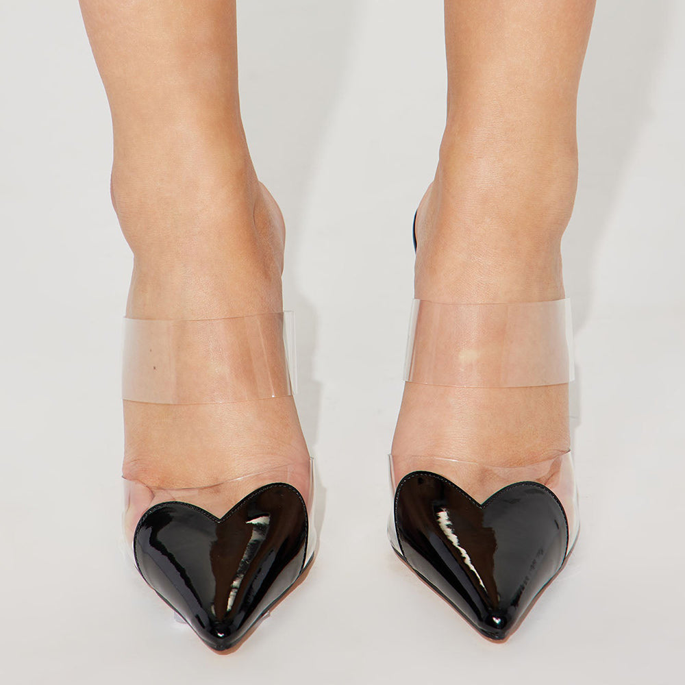 Black & Clear Pointed Toe 4'' Stiletto Heel Mules