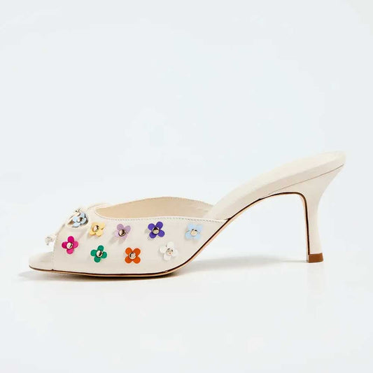 Beige Bow Decor Peep Toe Floral Studded Spool Heel Mules Shoes