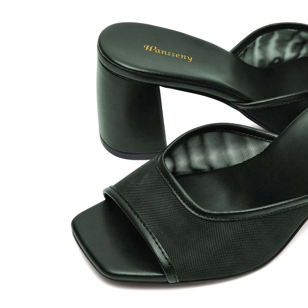 Women's Classic Dark Green Open Square Toe Mesh Mule Heels