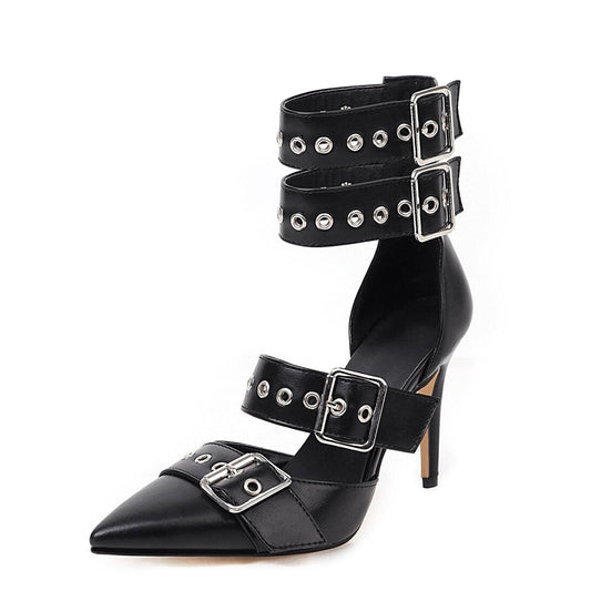 Women's Pointed Toe Grommet Strap Buckled Stiletto Black Pumps